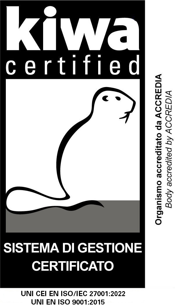 Logo della certificazione Kiwa Certified Logo di certificazione Kiwa con illustrazione stilizzata di un castoro e il testo “kiwa certified – Sistema di gestione certificato – UNI CEI EN ISO/IEC 27001:2022 – UNI EN ISO 9001:2015 – Organismo accreditato da ACCREDIA”
