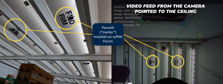La foto ritrae il soffitto dello stabilimento Florim, sul quale sono stati applicati dei marker (etichette con simboli specifici) che permettono di aiutare la tecnologia Dragonfly CV in contesti con scarsa luminosità.